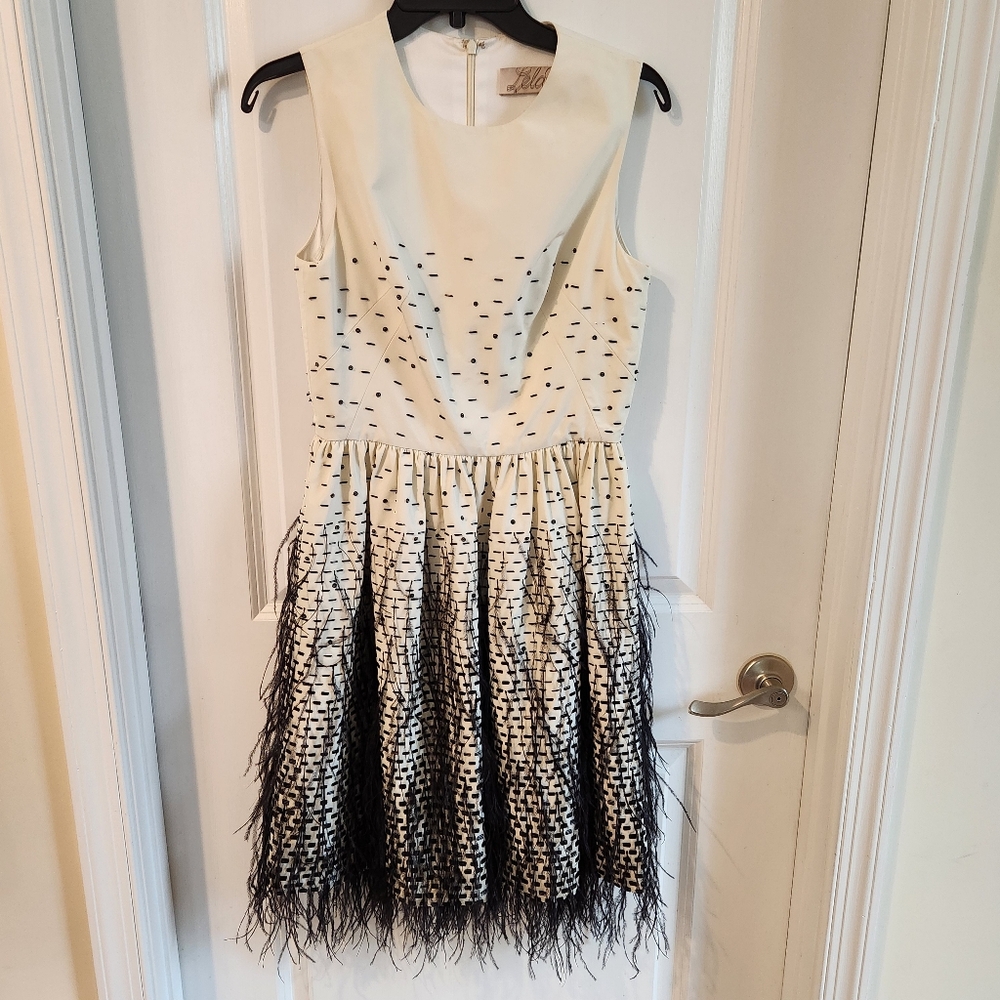 Lela Rose Cream and Black Embellished Feather Skirt Dress